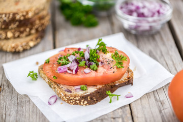 Canvas Print - Some healthy Tomato Sandwich (selective focus; close-up shot)