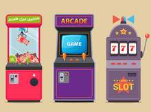 Set Of Slot Machines In A Shopping Center. Flat Vector Illustration.