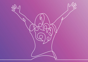 Wall Mural - girl joyful hands up. Vector-continuous line drawing