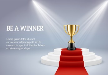 award podium with trophy. rewarding round stage for winner of sport or business compitetion in light