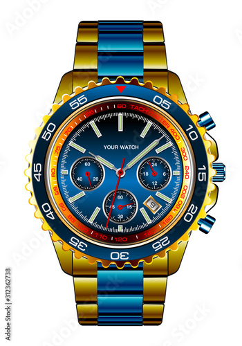 Fotografía Realistic wristwatch chronograph gold blue metallic design for men luxury on white background vector illustration