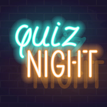 Neon quiz night typography. Glowing vector text on brick wall background for bar, pub announcement or poster. Square illustration for social networks.