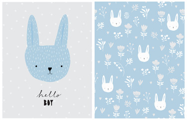 Wall Mural - lovely card and seamless vector pattern with cute bunny and abstract garden. lovely rabbit boy on a 