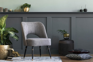 Wall Mural - Modern composition of living room with design gray armchair, furniture, gold pot with beautiful plant and elegant personal accessories. Gray wall panelling with shelf. Stylish home staging. Template. 