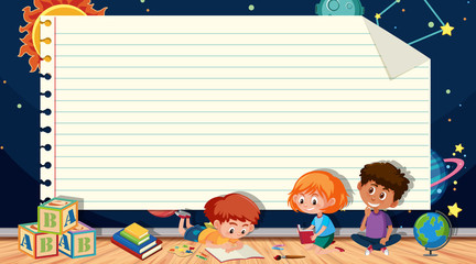 Paper template with kids reading books and space background