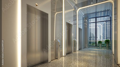 Fotografía Modern corridor with elevators and led lights, without people, empty commercial