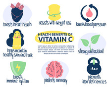 Hand Drawn Vitamin C Ascorbic Acid Benefits: Protects Memory, Lowers Blood Pressure, Strong Antioxidant, Assists Weight Loss. Vector Illustration Is For Pharmacological Or Medical Poster, Brochure.