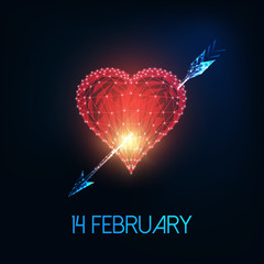 Wall Mural - Futuristic Valentines day greeting card with glowing low polyred heart, arrow and text 14 February