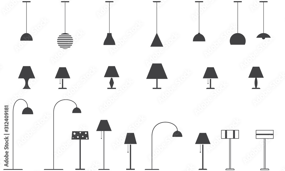 Set of lamps - floor lamp, table lamp, ceiling lamp. Vector illustration. - obrazy, fototapety, plakaty 