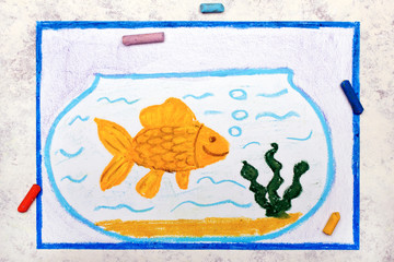 Photo of colorful drawing: Smiling goldfish in blue fishbowl. Fish with bubbles in glass