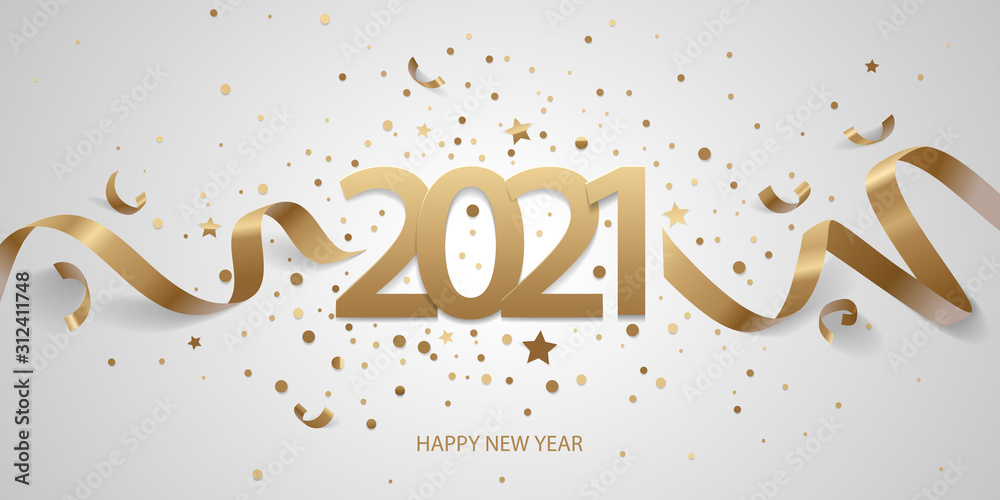 Happy New Year 2021. Golden numbers with ribbons and confetti on a white background. - obrazy, fototapety, plakaty 