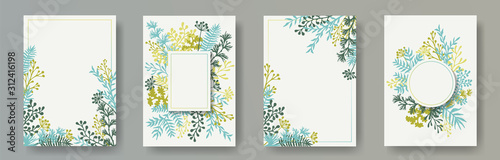Tropical herb twigs, tree branches, flowers floral invitation cards set. Bouq...