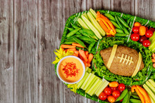 Fresh Cut Vegetable Platter With Meatloaf For American Football Game Party.