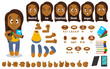 Cartoon afro-american girl constructor for animation. Parts of body, set of poses, objects.