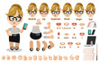 Cartoon blond secretary constructor for animation. Parts of body, set of poses, objects.