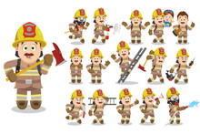 Big Vector Cartoon Set With Firefighter In Different Situations.