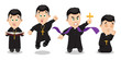Vector set with catholic priest in black cassock with pectoral cross on breast in different situations.
