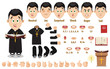 Cartoon catholic priest constructor for animation. Parts of body, set of poses, objects.