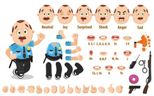 Cartoon Mustached Policeman Constructor For Animation. Parts Of Body, Set Of Poses, Objects.