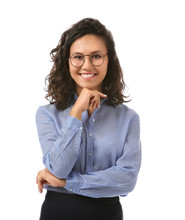 Portrait Of Beautiful Businesswoman On White Background