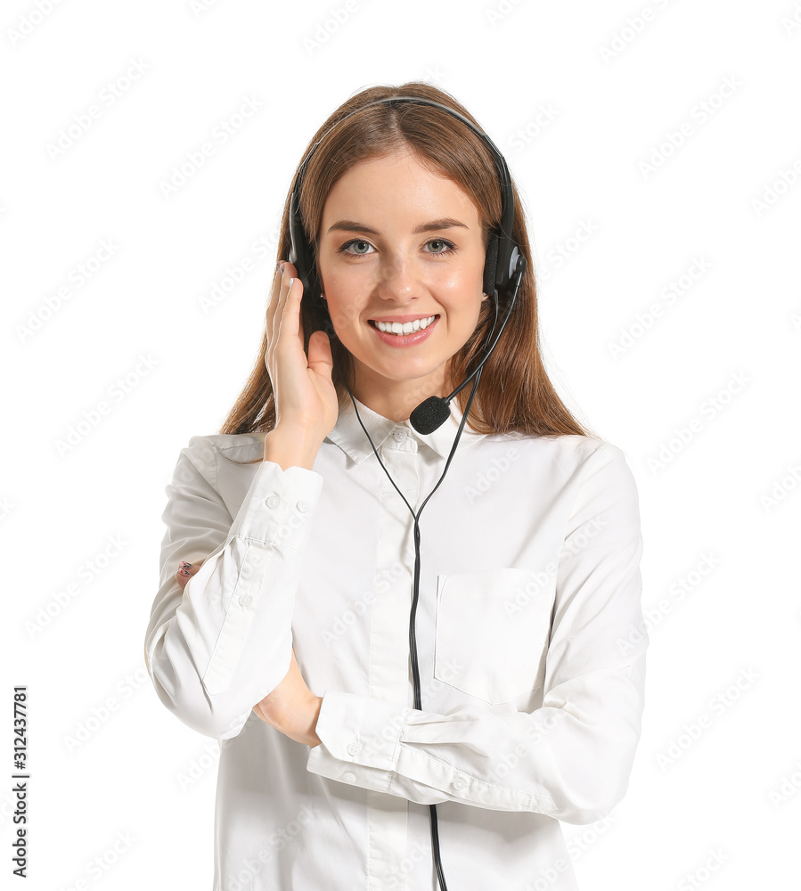 Female technical support agent on white background