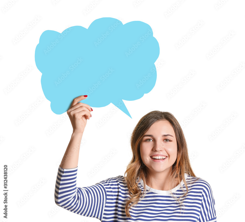 Young woman with blank speech bubble on white background
