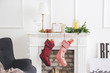 © Pixel-Shot - Christmas socks with gifts hanging on fireplace in interior of room
