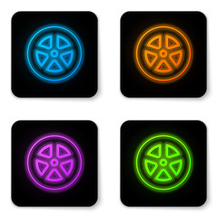 Glowing neon Car wheel icon isolated on white background. Black square button. Vector Illustration