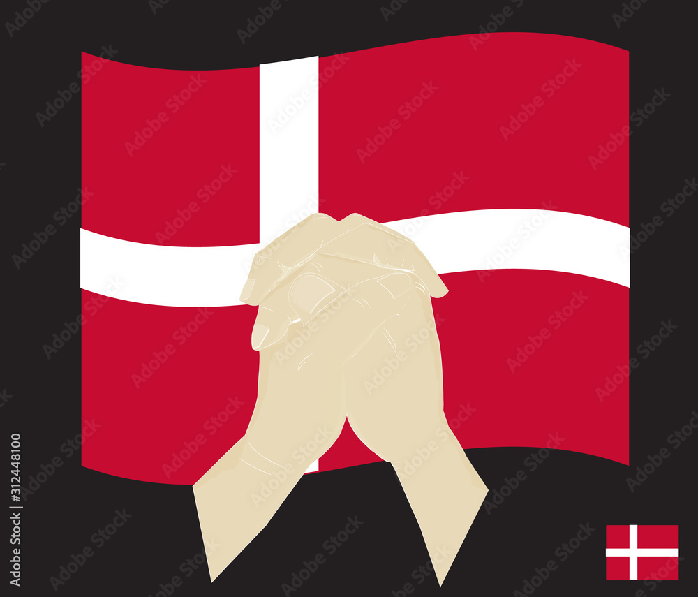 Praying hands with  The Kingdom of Denmark  National Flag , Pray for Denmark concept, Save Denmark, cartoon graphic, sign symbol background, vector illustration. - obrazy, fototapety, plakaty 