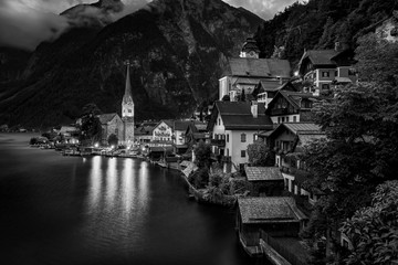 Hallstatt Village Austria . Hallstatt at Sunset. Black and White Photography