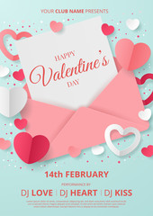Wall Mural - valentine's day party poster template with heart shape, envelope and gift box. paper cut style. vect