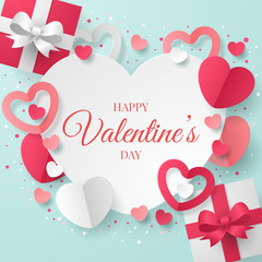 Wall Mural - valentine's day background with heart shape, envelope and gift box. paper cut style. vector illustra