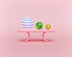 Poster - Abstract geometric 3D Shapes background. three spheres on a smooth table. Trendy Minimal Design on pastel pink color. 3d rendering