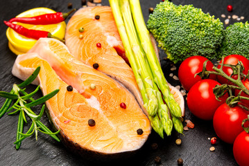 Wall Mural - raw salmon steak on wooden board close up