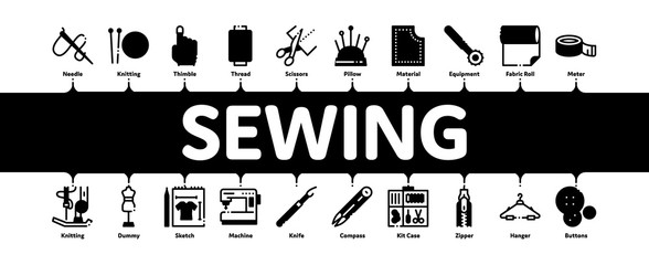 Poster - Sewing And Needlework Minimal Infographic Web Banner Vector. Sewing Needle And Measure, Dummy And Bobbin, Button And Fabric Concept Illustrations