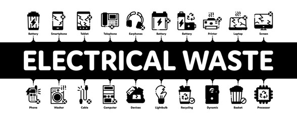 Wall Mural - Electrical Waste Minimal Infographic Web Banner Vector. Broken Electrical Cord And Battery, Phone And Earphones, Dynamic And Laptop Concept Illustrations