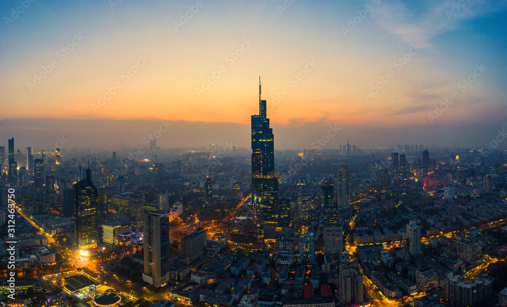Aerial View of Urban Nanjing City at Sunset in China - obrazy, fototapety, plakaty 