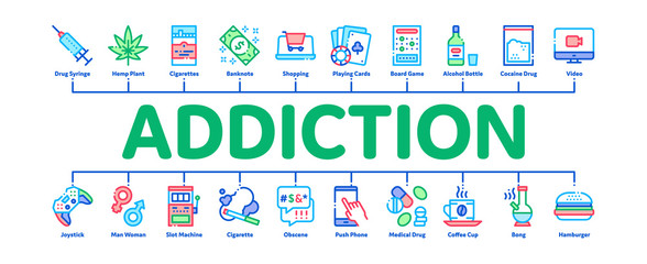 Aufkleber - Addiction Bad Habits Minimal Infographic Web Banner Vector. Alcohol And Drug, Shopping And Gambling, Hemp, Smoking And Junk Food Addiction Color Illustrations