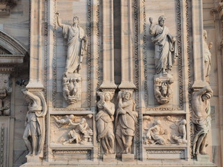 Milano, Italy. Architectural details of the facade of the Dome, famous Cathedral in Milan. Duomo in Italian. The church is a main landmark of the town