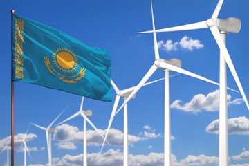 kazakhstan alternative energy, wind energy industrial concept with windmills and flag industrial ill