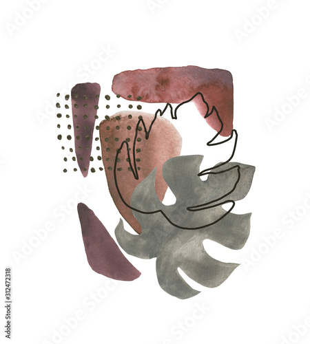 Geometric poster with watercolor, gold and marble elements on white backgroun...