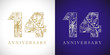 © koltukovs - 14 years old logotype. 14 th anniversary numbers. Decorative symbol. Age congrats with peacock birds. Isolated abstract graphic design template. Royal golden digits up to 14% -14% percent off discount