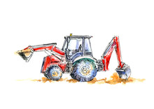  Red Tractor.Farming Machine.White Background.Watercolor Hand Drawn Illustration.
