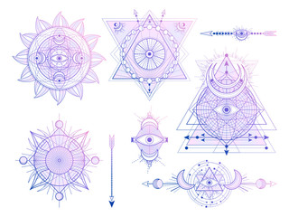 Wall Mural - Vector set of Sacred geometry symbols with moon, sun, eye and arrows on white background. Abstract mystic signs collection.