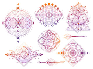 Wall Mural - Vector set of Sacred geometry symbols with moon, sun, eye and arrows on white background. Abstract mystic signs collection.