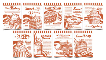 Canvas Print - Bakery Pastry Shop Advertising Banners Set Vector. Collection Of Different Shop Posters With Chocolate And Fruit Cakes, Macaroons And Donuts, Berries Pie Dessert. Monochrome Template Illustrations