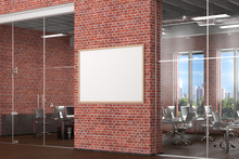 Blank Horizontal Poster Mock Up On The Red Brick Wall In Office Interior. 3d Illustration