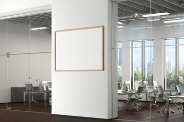 Blank horizontal poster mock up on the white wall in office interior. 3d illustration