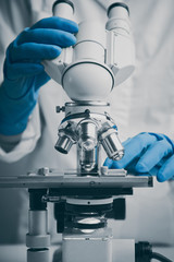 close-up shot of microscope with metal lens.