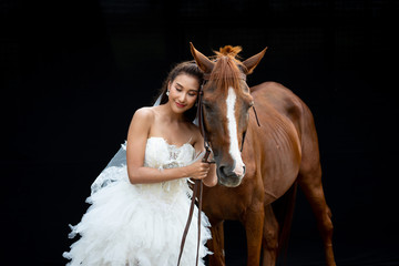 Wall Mural - Portrait of a fashion beautiful woman bride with horse on black background